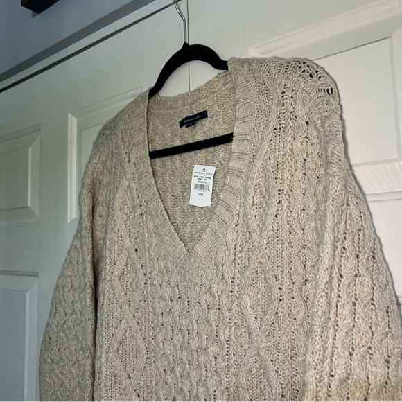 American Eagle Beige Tan Cable Knit Sweater Dress Cozy V Neck Size Large NWT - Picture 1 of 7